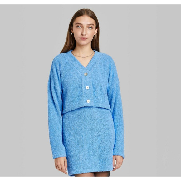 Cropped Cozy Cardigan Wild Fable Azure M Blue Lightweight Fuzzy V Neck Button Up - Picture 5 of 10